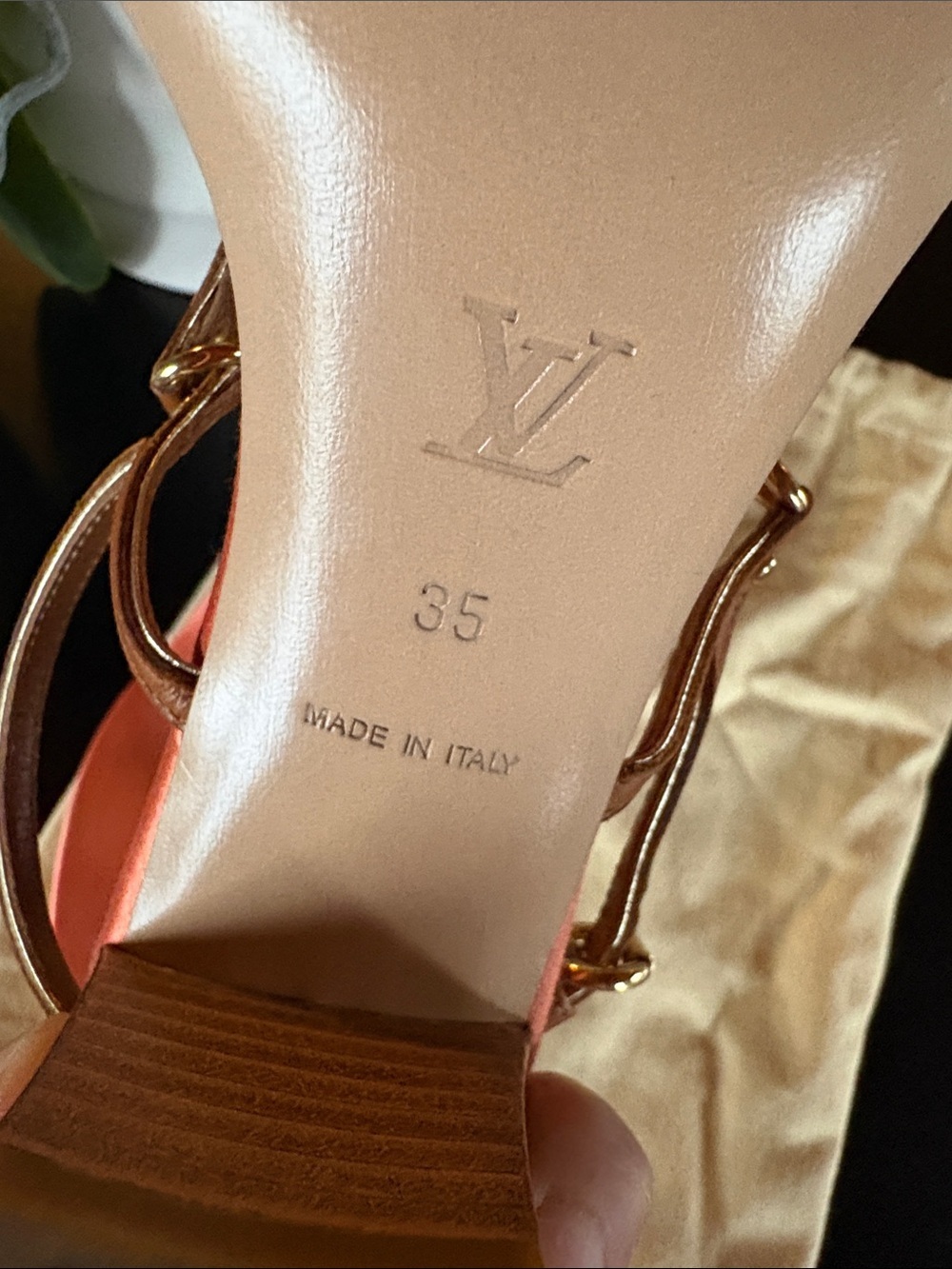 Louis Vuitton Coral and Tan T-Strap Sandals with Gold Hardware - Picture 3 of 12